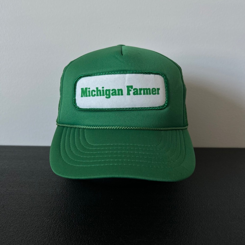 Vintage 80s Michigan Farmer Trucker Hat Cap Snap Back Adjustable Green Adult
